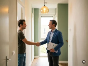 Gecertificeerd energieadviseur met klembord begroet bewoner in de deuropening van een moderne Nederlandse huurwoning.