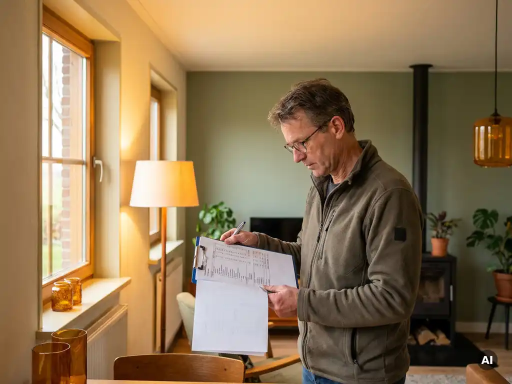 Gecertificeerd energieadviseur bekijkt berekeningsbladen in goed geïsoleerde Nederlandse woning met zichtbare muurisolatie en dubbele beglazing.