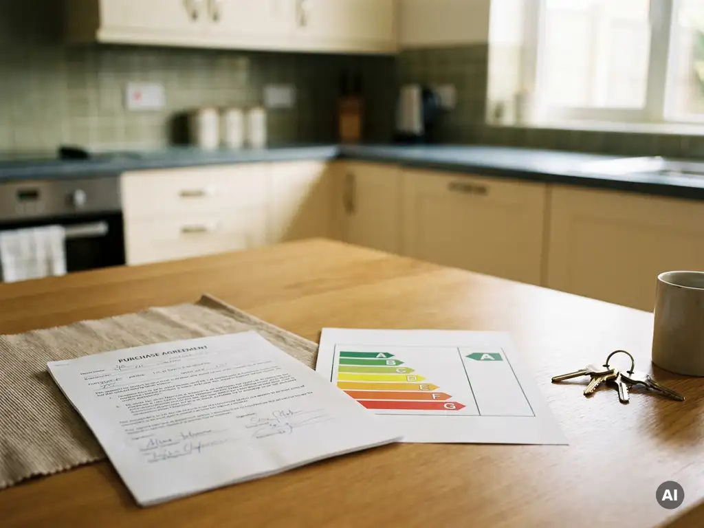 Ondertekend koopcontract op keukentafel naast energielabelcertificaat met A-tot-G-schaal en huissleutels in natuurlijk licht.