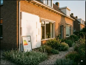 Gevel van een Nederlands huis met spouwmuurisolatie en energielabel, omgeven door een groene tuin in warm middaglicht.