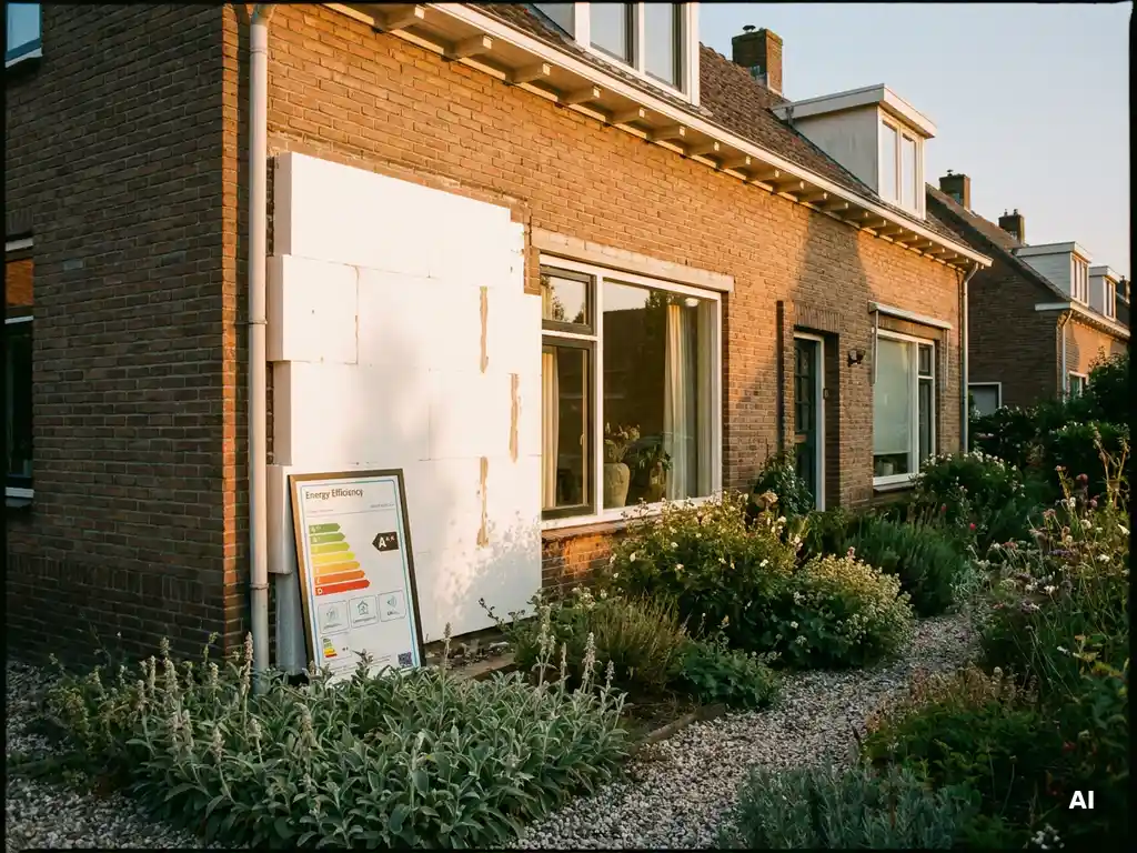 Gevel van een Nederlands huis met spouwmuurisolatie en energielabel, omgeven door een groene tuin in warm middaglicht.
