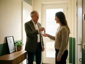 Verhuurder overhandigt huissleutels aan nieuwe huurder in moderne Nederlandse hal met energielabelcertificaat op sidetable.