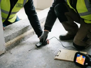 Gecertificeerd energieadviseur meet thermische isolatie van betonnen vloer met sonde, dwarsdoorsnede vloerlagen zichtbaar aan de rand.