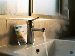 Chromen warmwaterkraan met stoom boven witte wastafel, energielabel leunend tegen de kraanbasis, condensatie op tegels op de achtergrond.