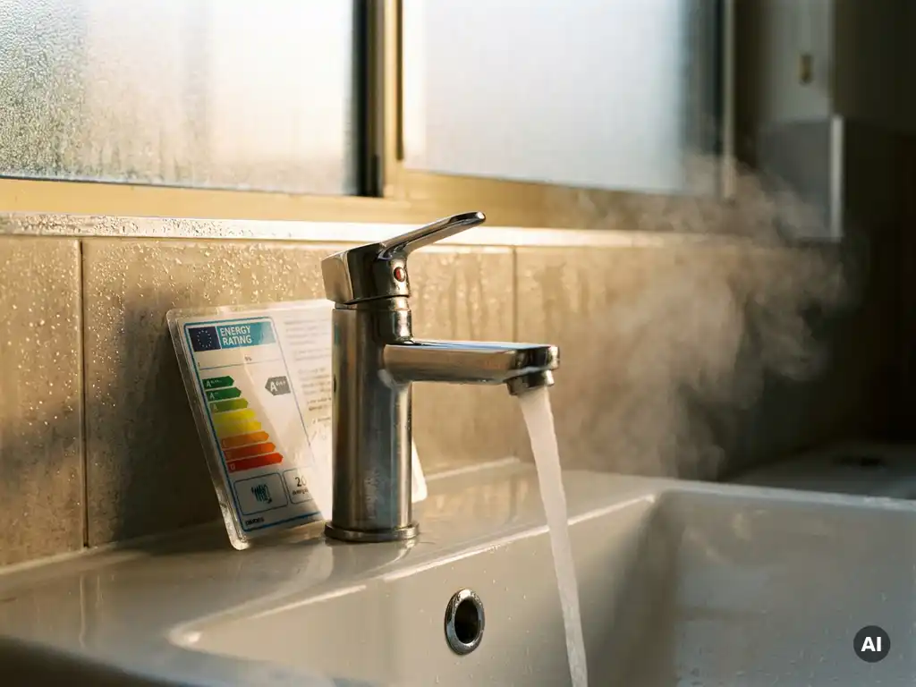 Chromen warmwaterkraan met stoom boven witte wastafel, energielabel leunend tegen de kraanbasis, condensatie op tegels op de achtergrond.