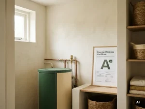 Moderne warmtepomp in Nederlandse bijkeuken met A-label energiecertificaat tegen de muur, zachte natuurlijke belichting.