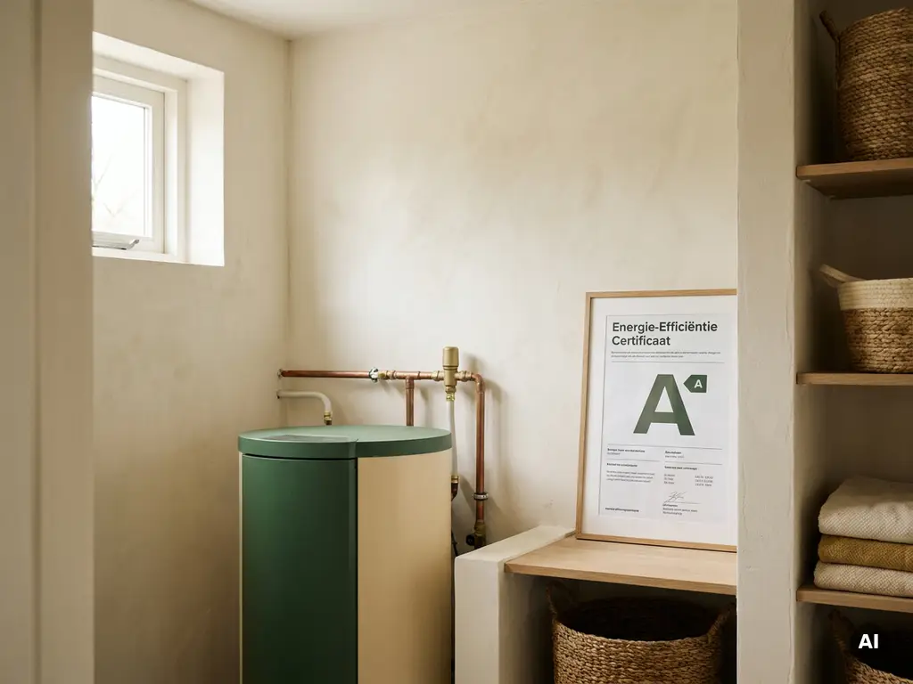 Moderne warmtepomp in Nederlandse bijkeuken met A-label energiecertificaat tegen de muur, zachte natuurlijke belichting.