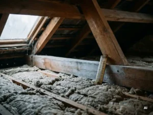 Onverwarmde zoldervloer met houten balken en losliggend mineraalwol isolatiemateriaal tussen de gordingen, vintage thermometer tegen een koude balk.