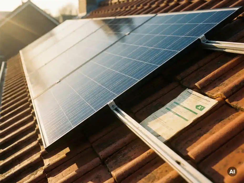 Zonnepanelen op Nederlands woonhuisdak met energielabelcertificaat op de terracotta dakpannen in warm middaglicht.